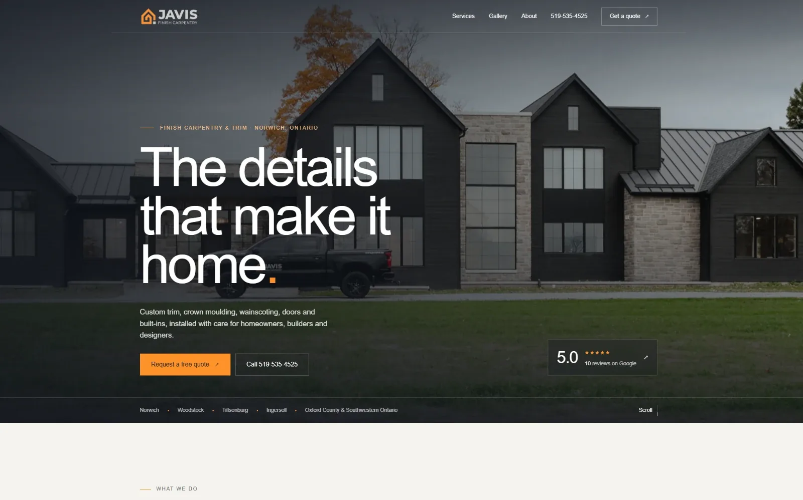 Homepage of a finish carpentry company website I built.