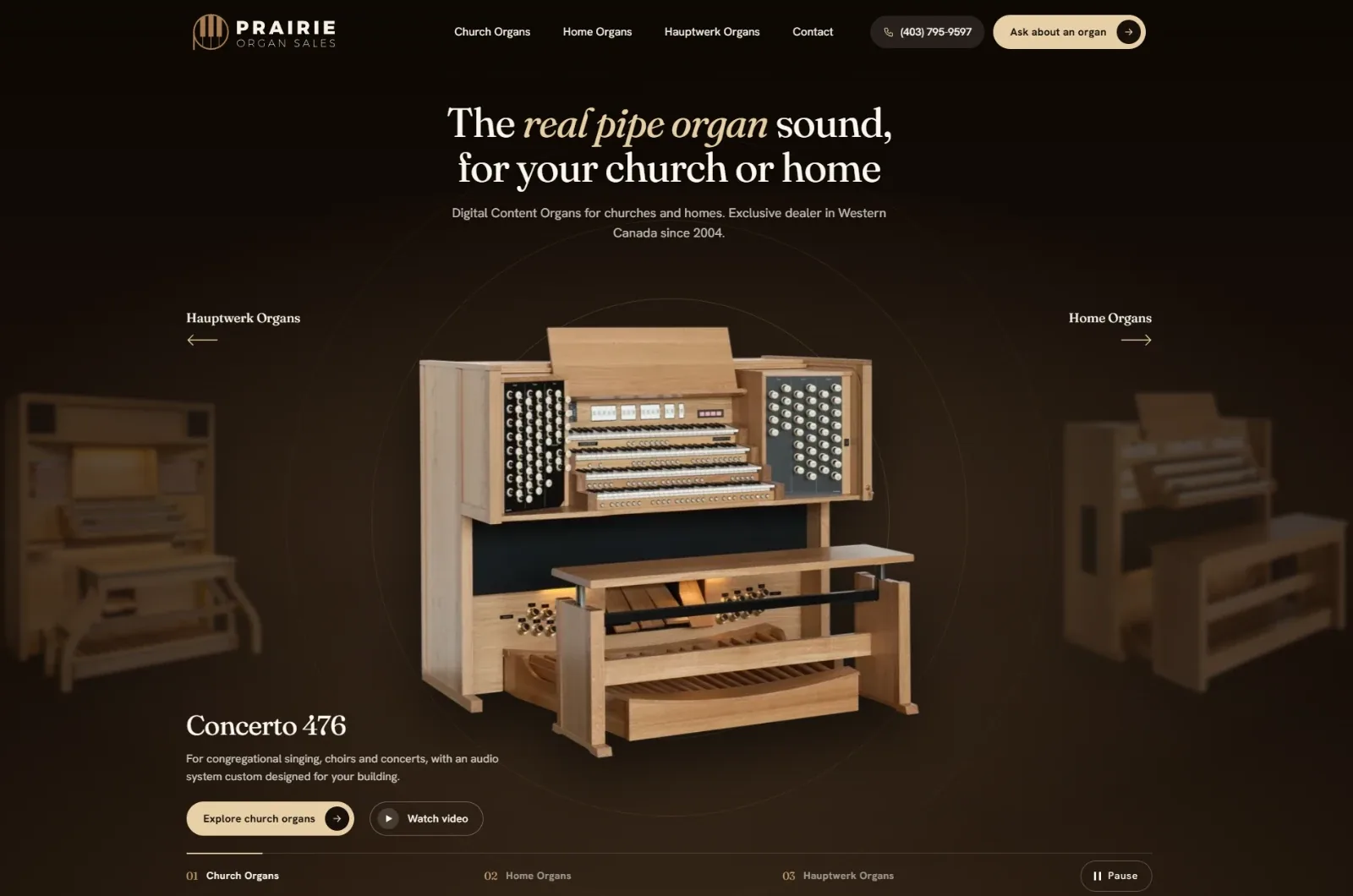 Homepage of a church and home organ dealer website I built.