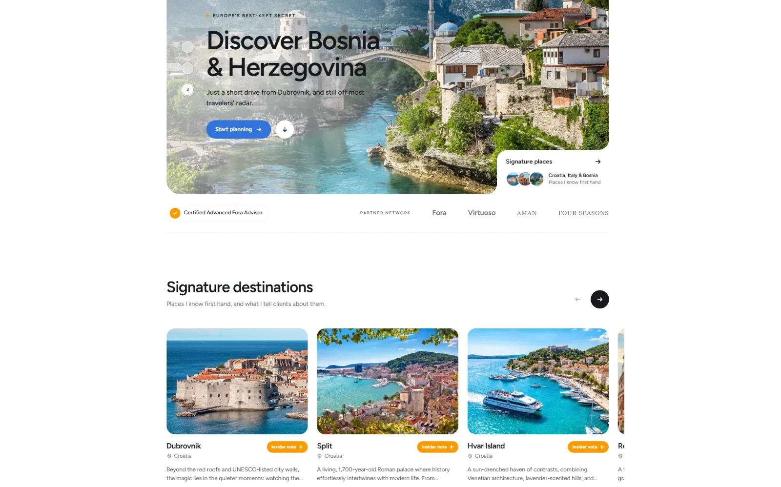 Homepage of a travel advisor website I designed.